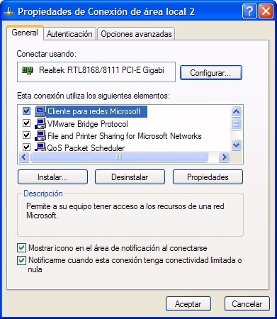 Propiedades de la conexión de red